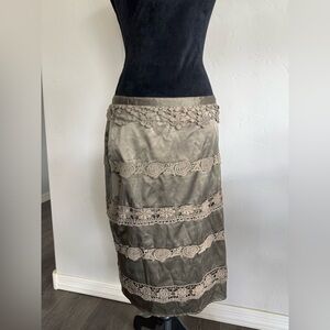 DownEast Olive Green Satin and Lace Midi Pencil Skirt. Size XL